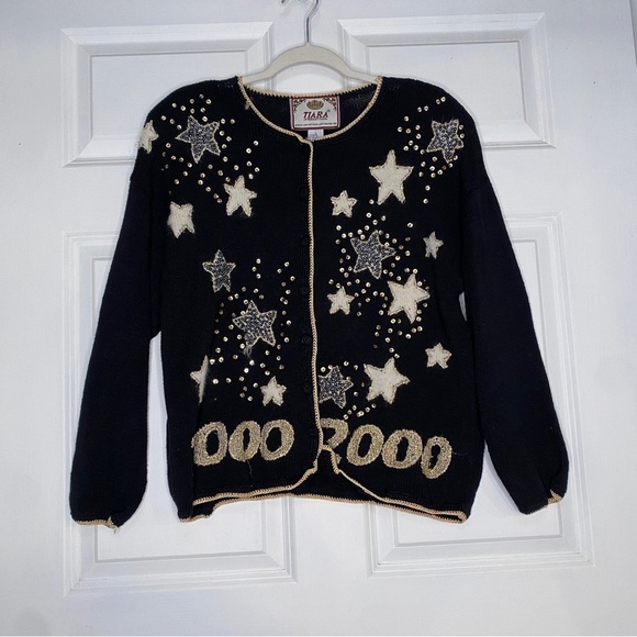 Vtg 1999 Tiara International 2000 Star Print Knit Cardigan Sweater Size Large - Picture 1 of 7
